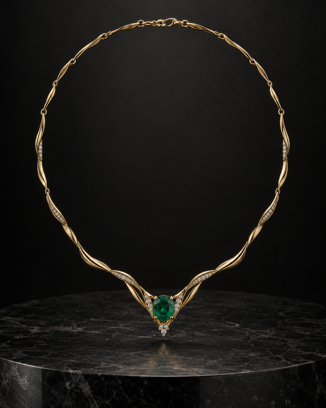 18K yellow gold necklace with emerald and diamonds
