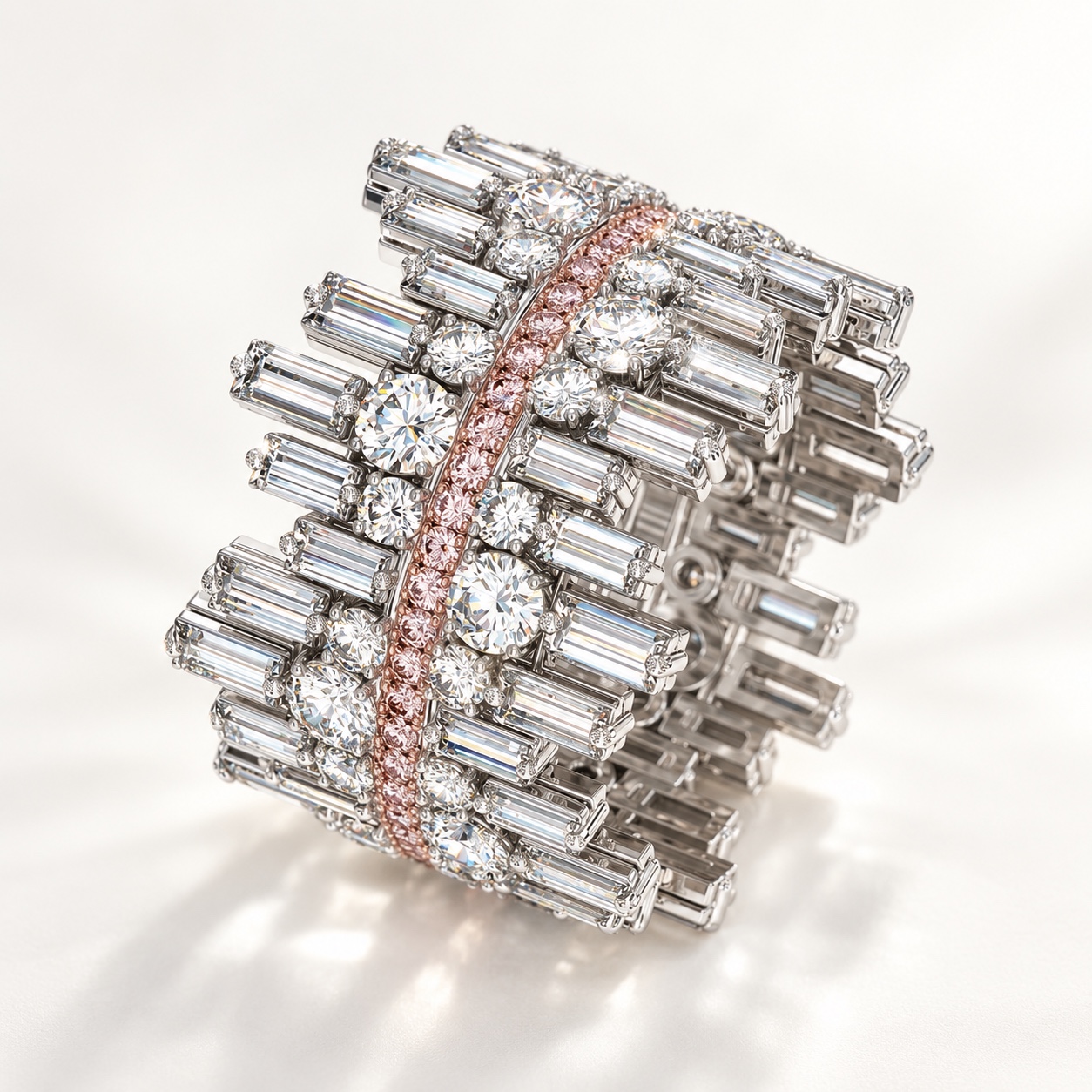 Wide architectural ring with baguette and round diamonds crossed by a pink pavé arc