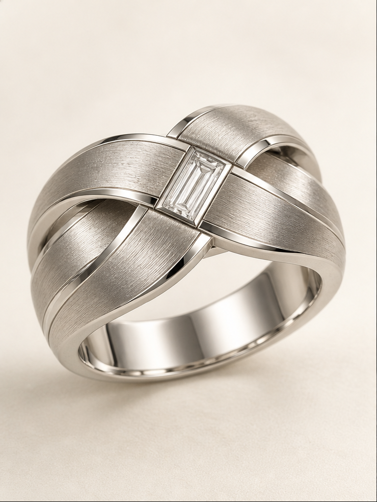 Braided 18K white gold ring with one baguette diamond