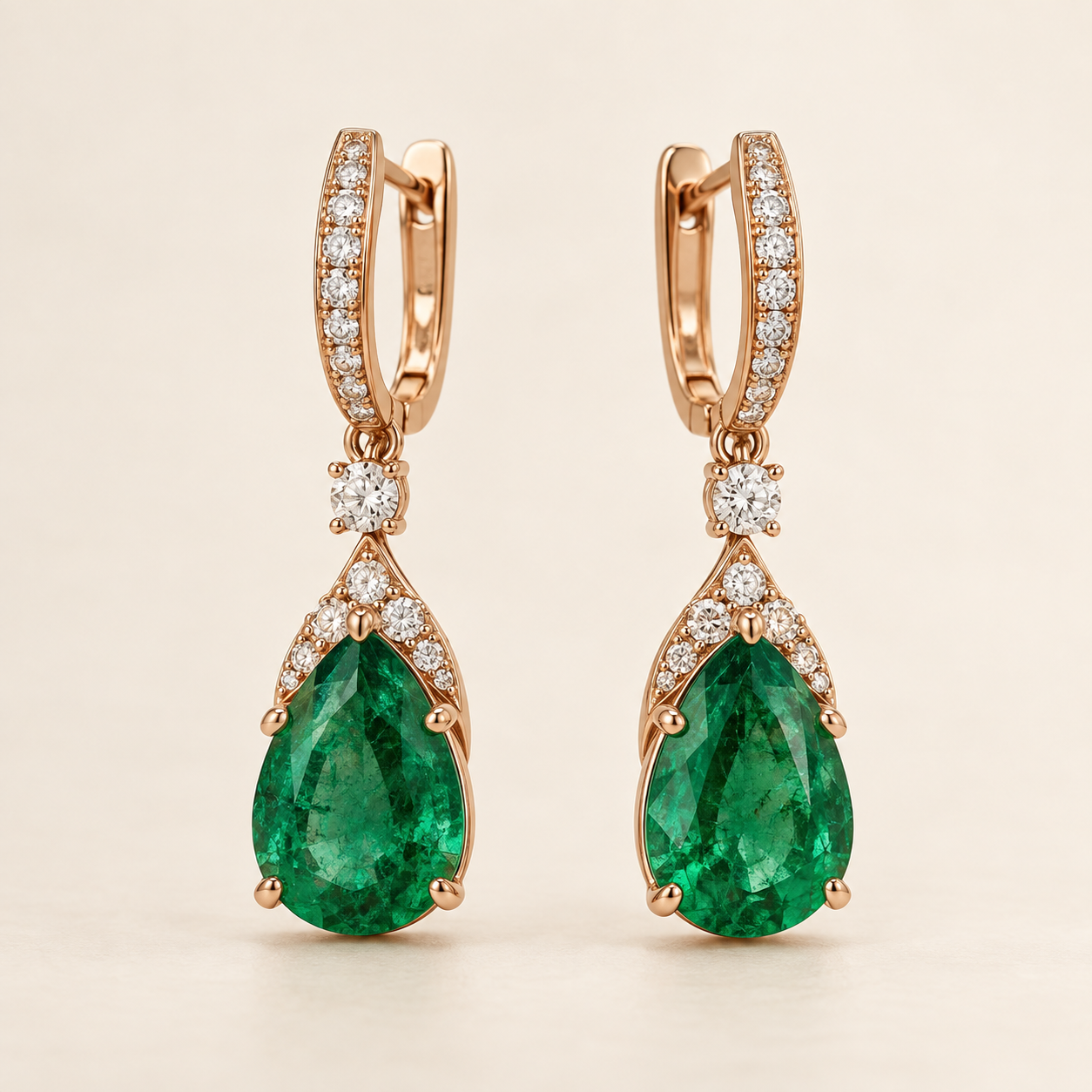 Pear-shaped emerald and diamond drop earrings in 18K rose gold